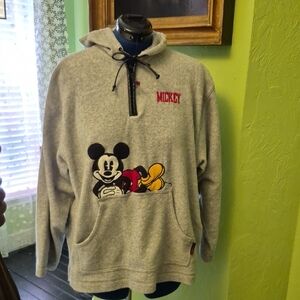 Micky Mouse Hoodie Gray Fleece Sz M.Vintage Kangaroo Pocket.1/4Zip (#1322C)